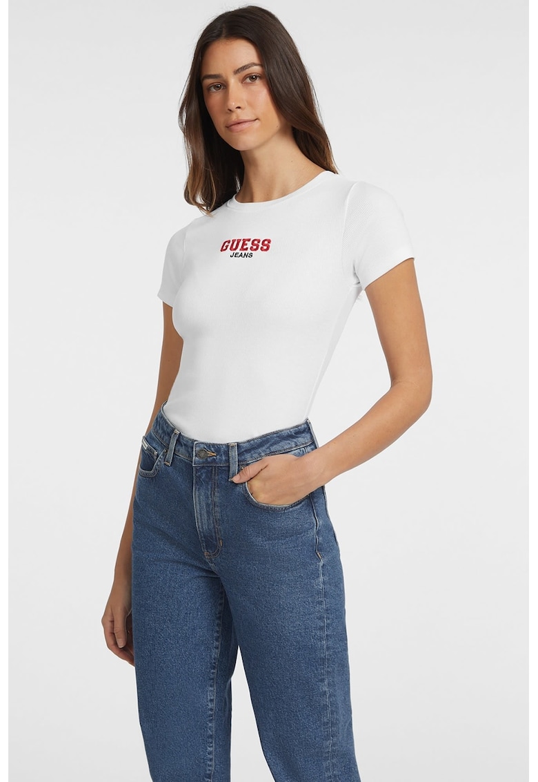 Tricou slim fit cu decolteu la baza gatului - Alb