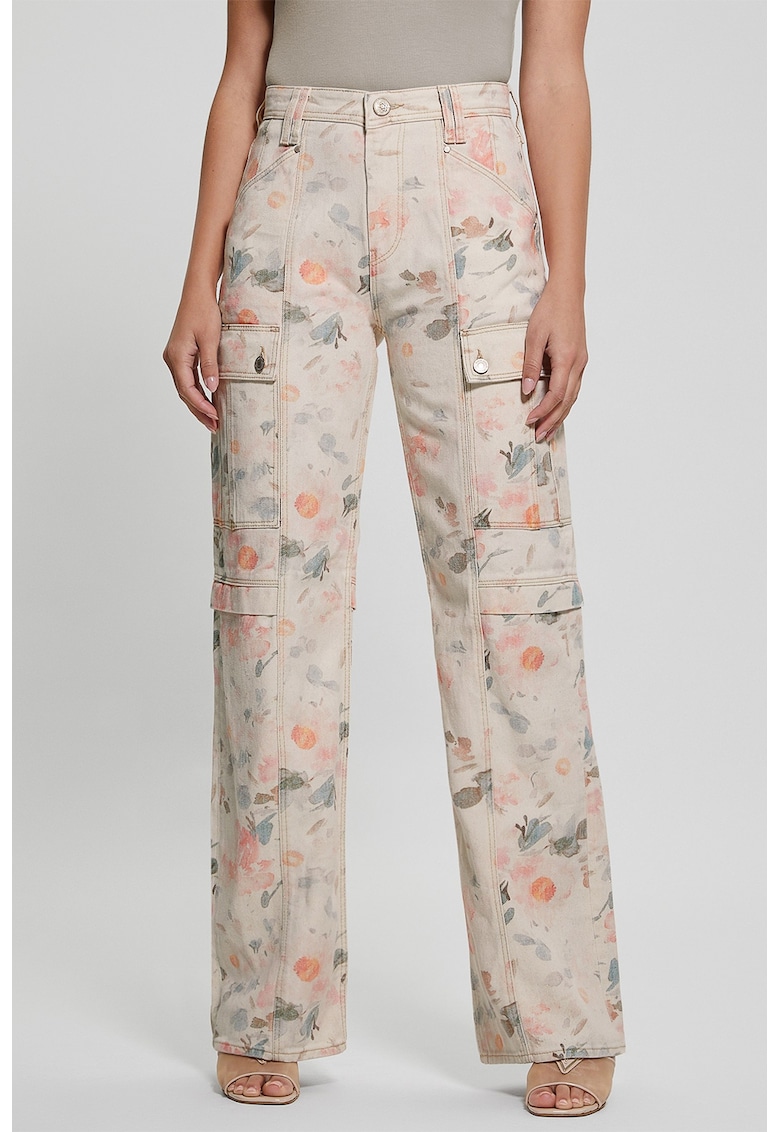 Blugi drepti cu imprimeu floral - Piersica/Albastru deschis/Crem