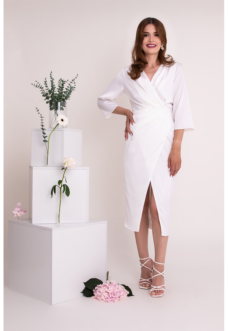 Rochie midi cu maneci 3/4 Nefeli - Alb optic
