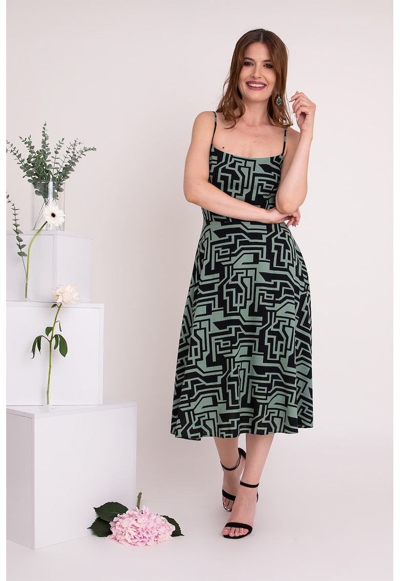 Rochie midi din amestec de in cu imprimeu Calista - Negru/Verde pal