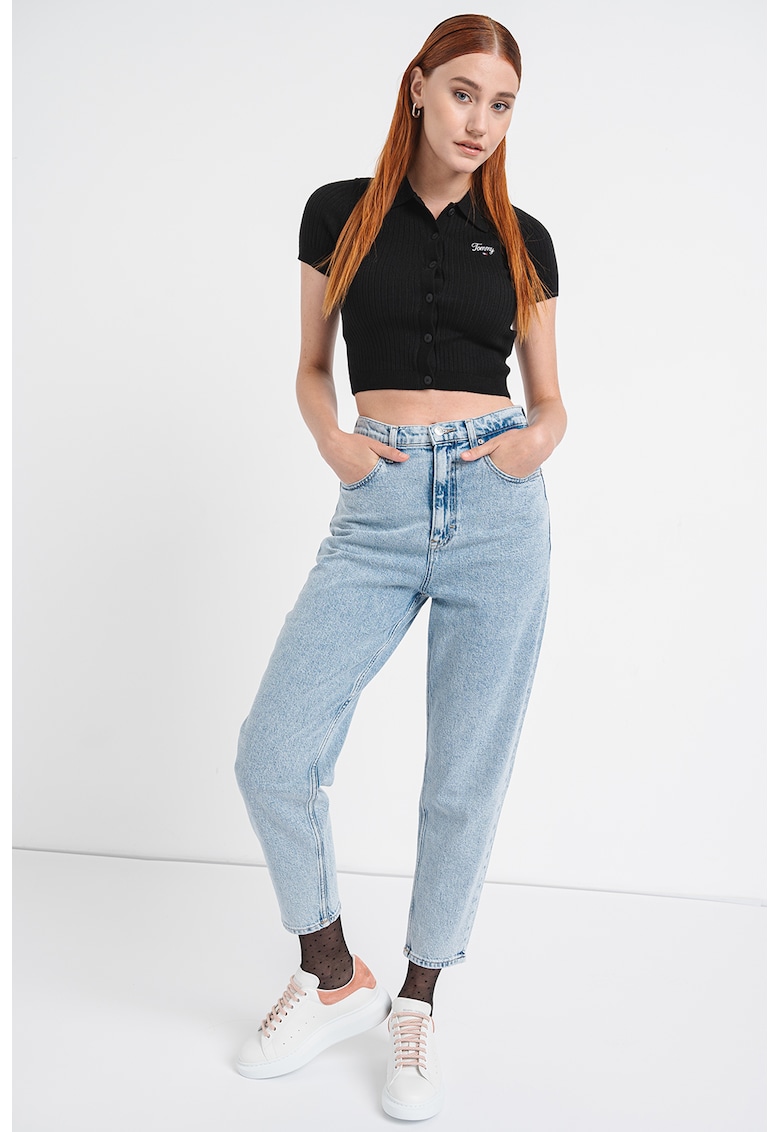 Pulover crop striat cu decolteu polo - Negru