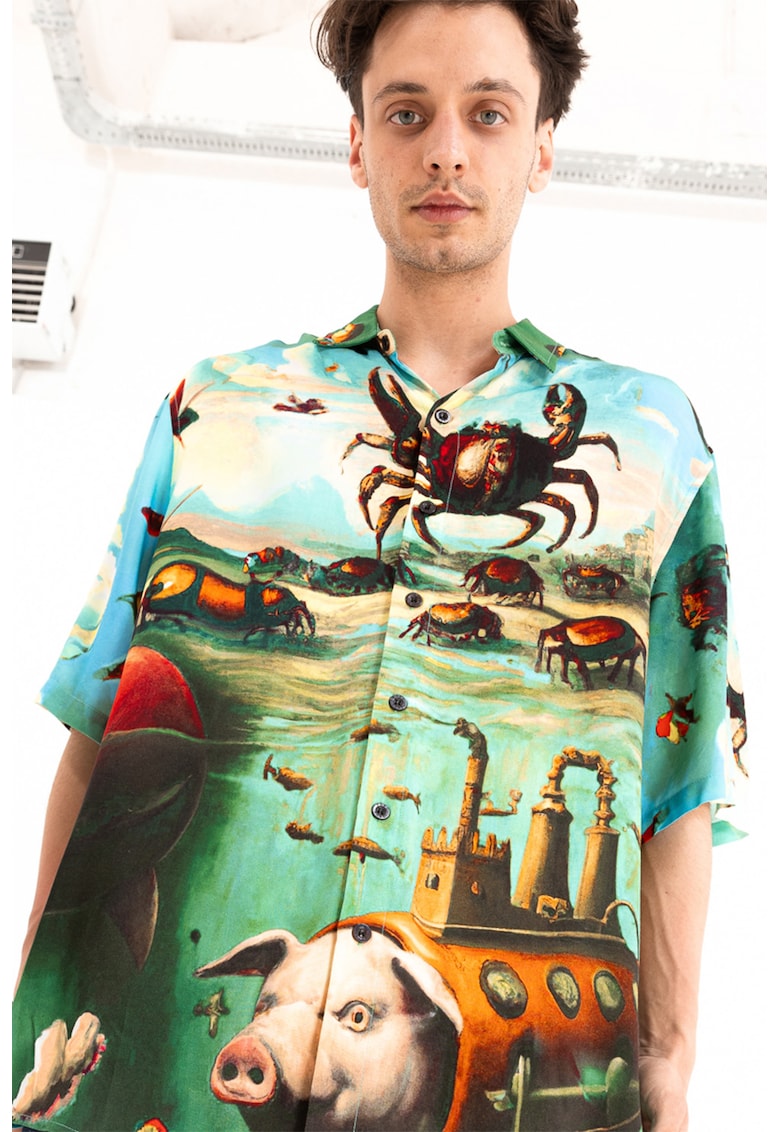 Camasa unisex cu model si maneci medii - Verde/Portocaliu/Albastru
