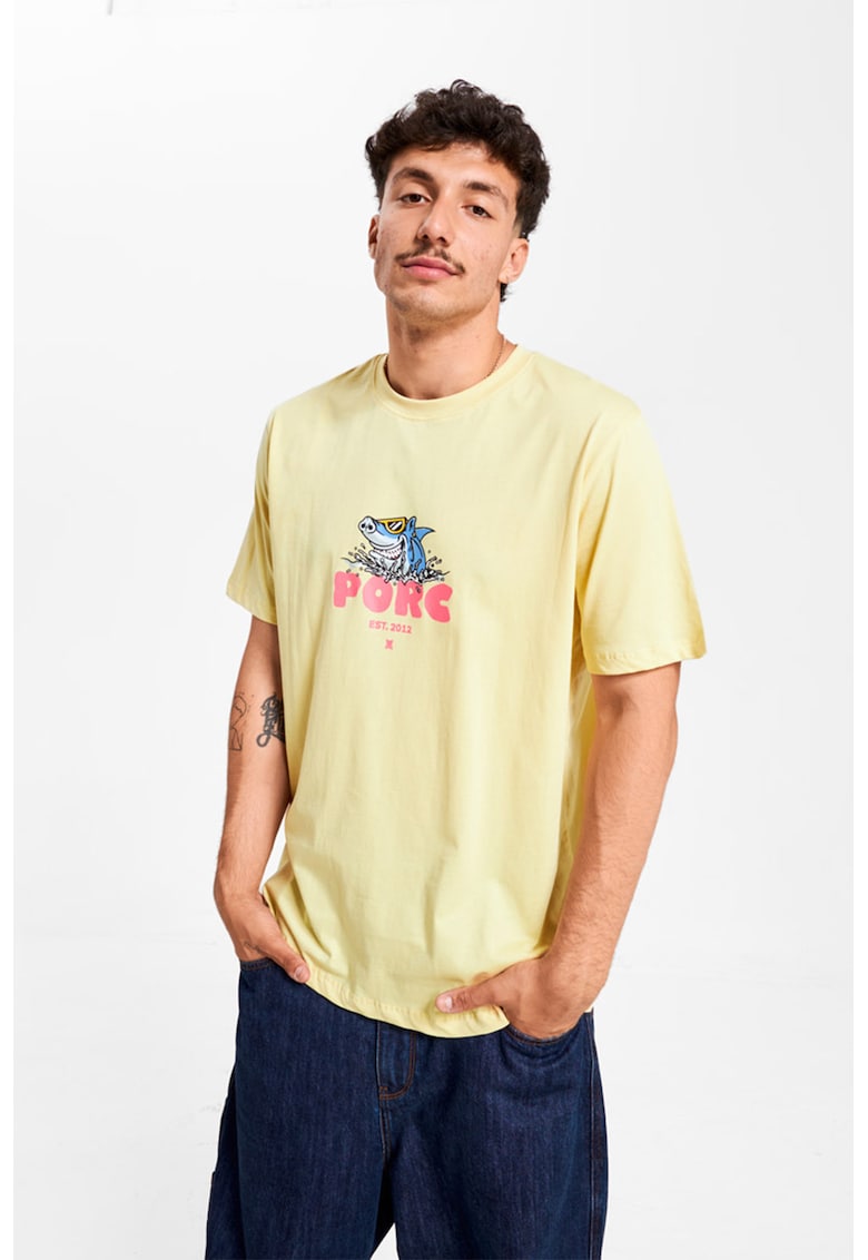 Tricou unisex cu imprimeu logo - Galben pai/Roz/Albastru