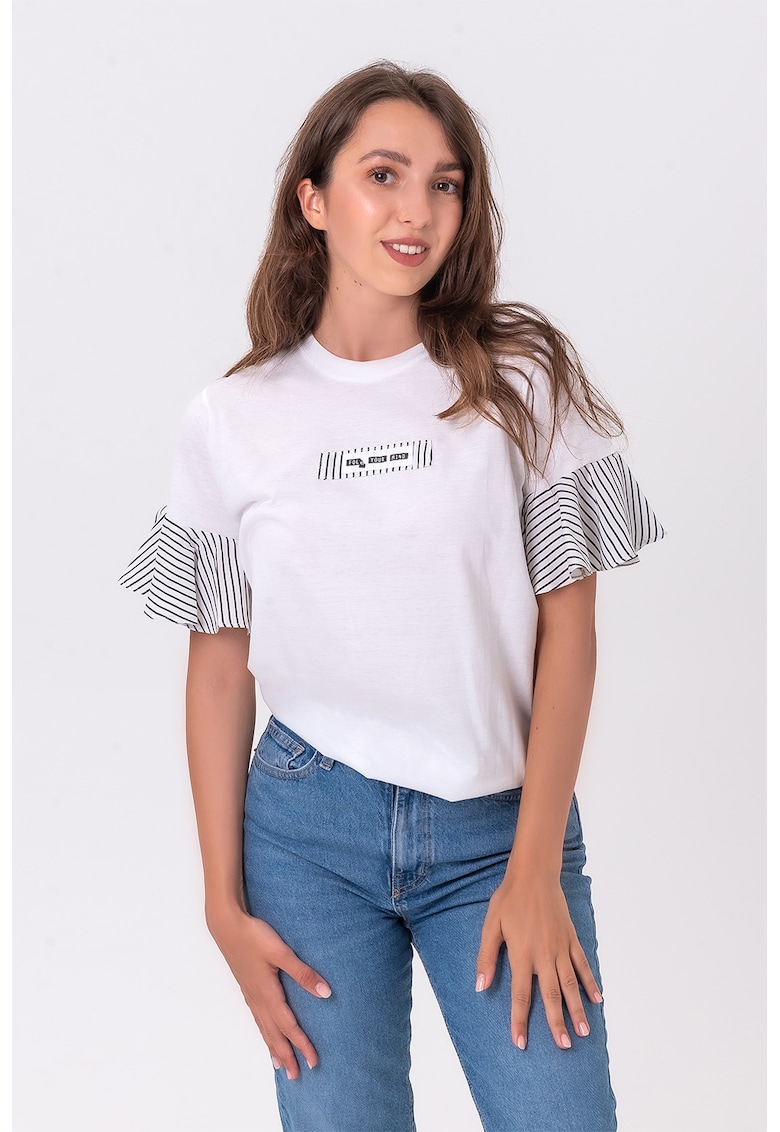 Tricou din amestec de bumbac cu maneci cu volane - Negru/Alb optic