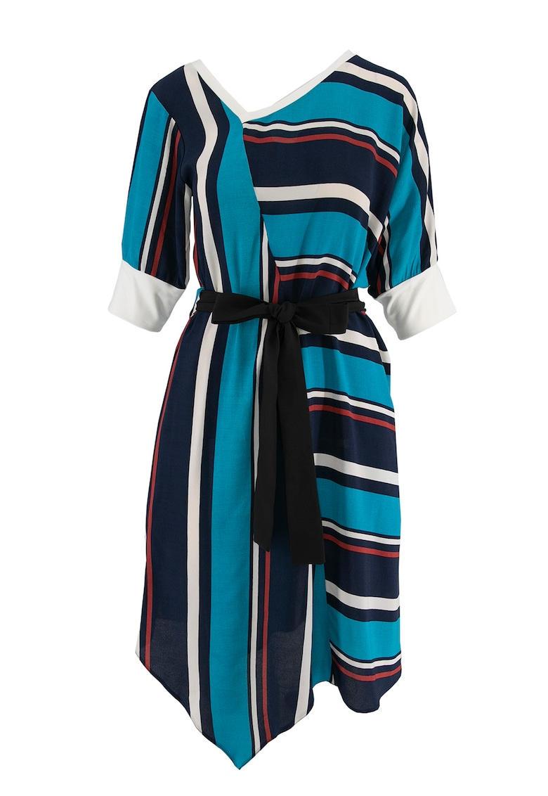 Rochie cu model colorblock si terminatie colorblock - Alb/Negru/Albastru