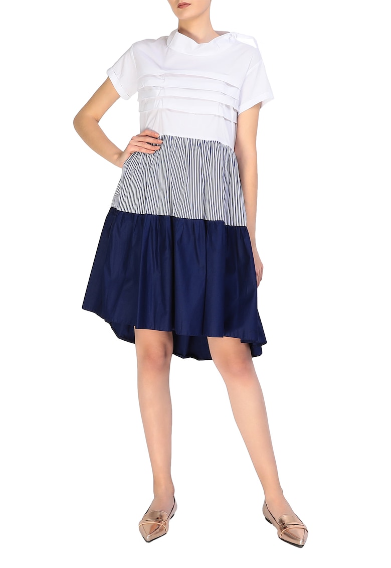 Rochie evazata cu pliuri - Alb/Albastru