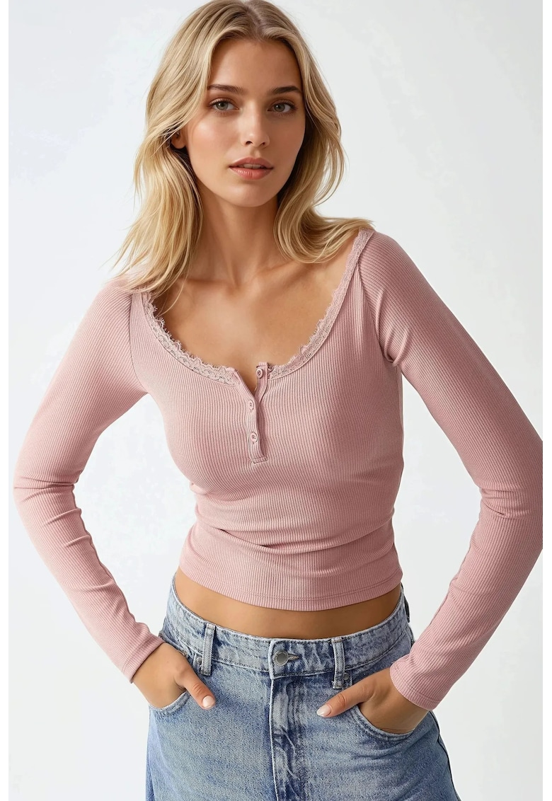 Top  -  slim fit - maneca lunga - roz - jerseu