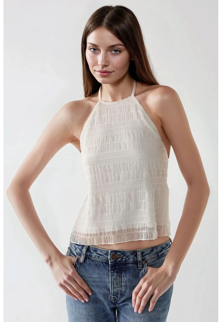 Top dama -  texturat cu decolteu halter - alb - jerseu