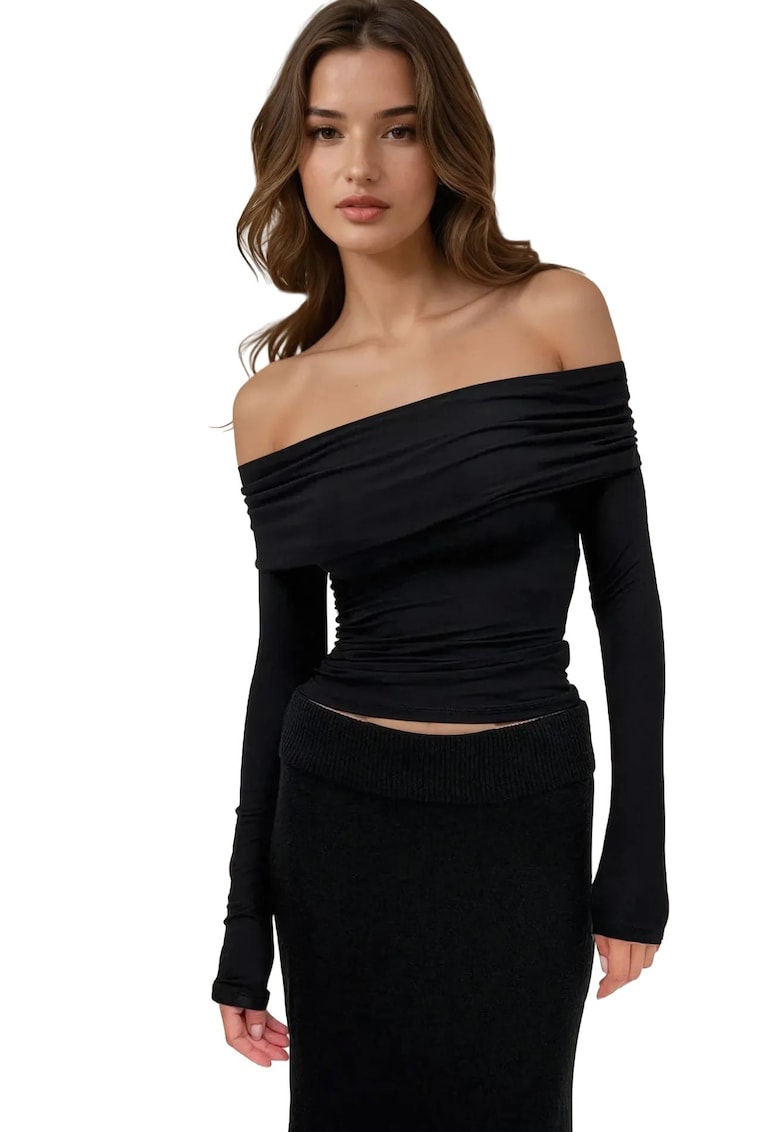 Bluze dama -  bluza drapata cu umeri goi - negru - jerseu viscoza
