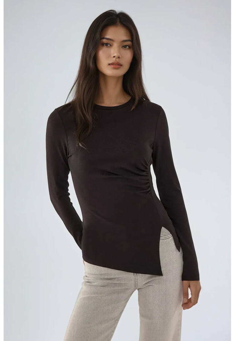 Bluza asimetrica -  maneca lunga - guler rotund - neagra - poliester-acril
