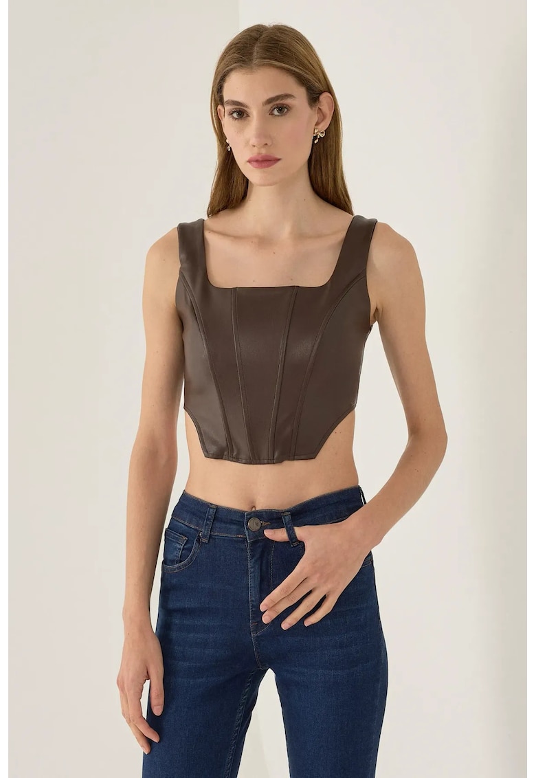 Top  corset din piele ecologica - bretele groase - maro - textil