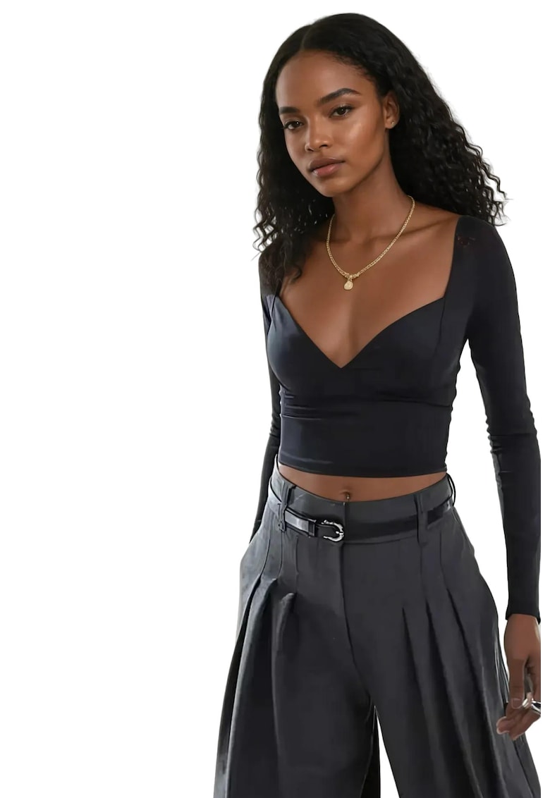 Bluza dama -  top cu maneca lunga - decolteu in V - negru - poliester