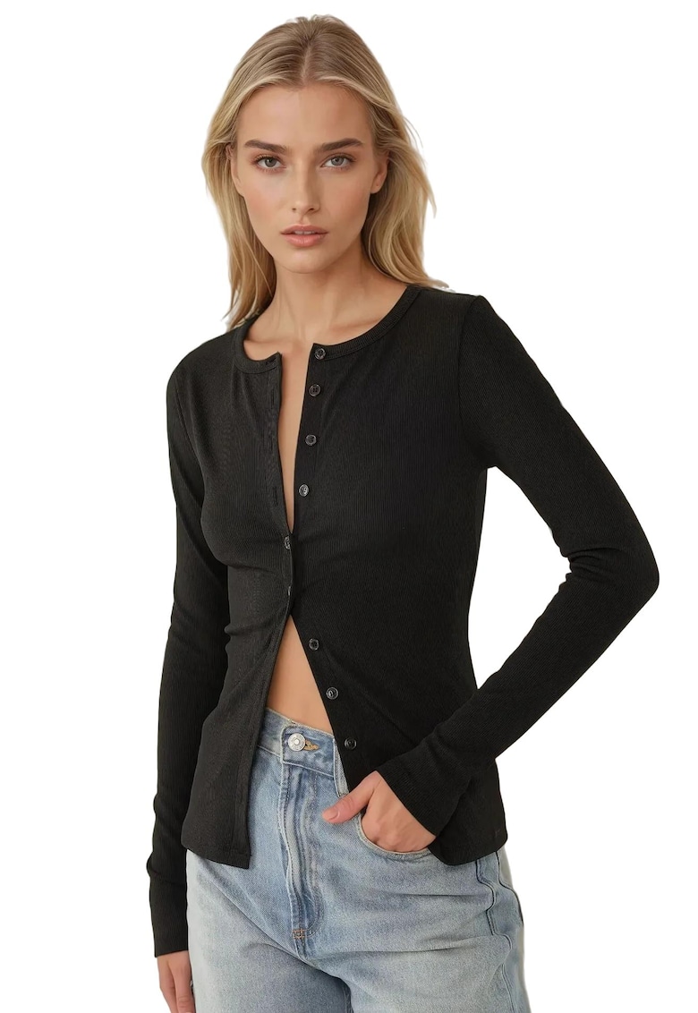 Top  slim fit - decolteu in V - maneca lunga - negru