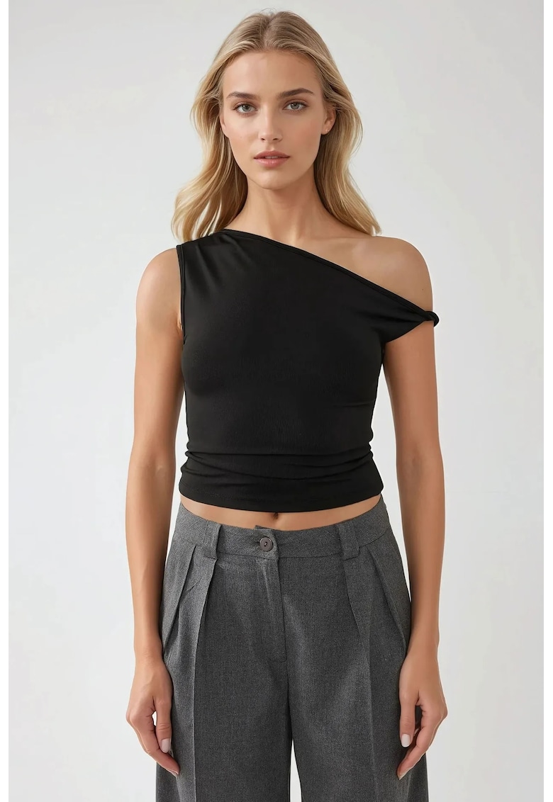 Top  slim fit - guler asimetric - umeri goi - negru - jerseu - Negru