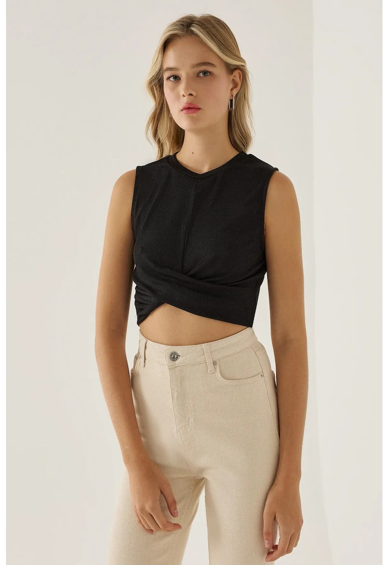 Maiou crop tricotat  negru - poliester - design asimetric