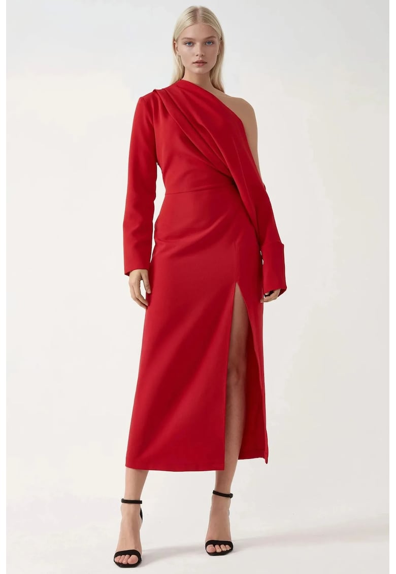 Rochie midi -  guler asimetric - crapatura - rosu