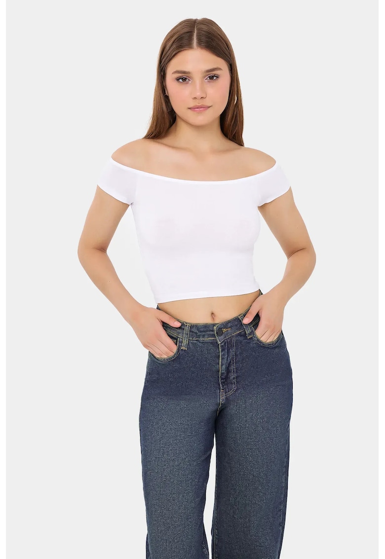 Top dama -  top scurt cu umeri goi - alb - bumbac