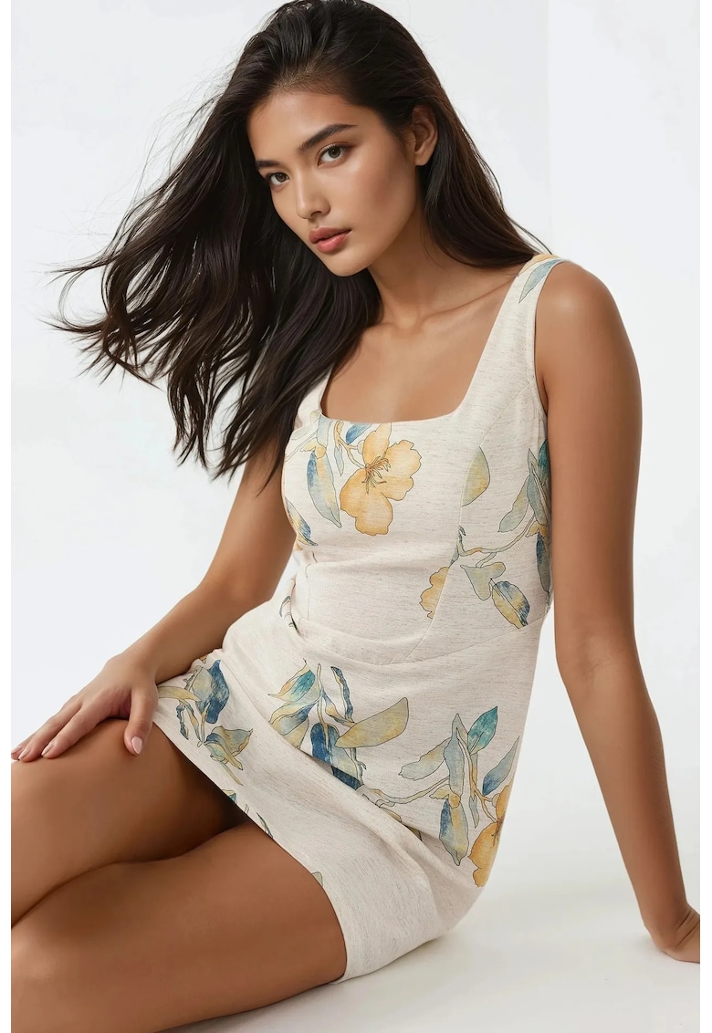 Rochie mini  floral - decolteu patrat - bej - textil