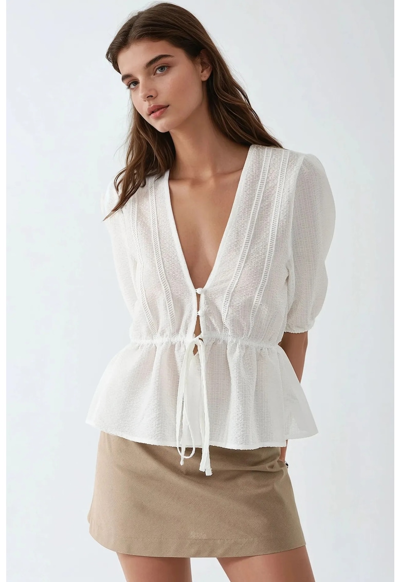 Bluze dama -  bluza texturata - decolteu in V - alb - textil