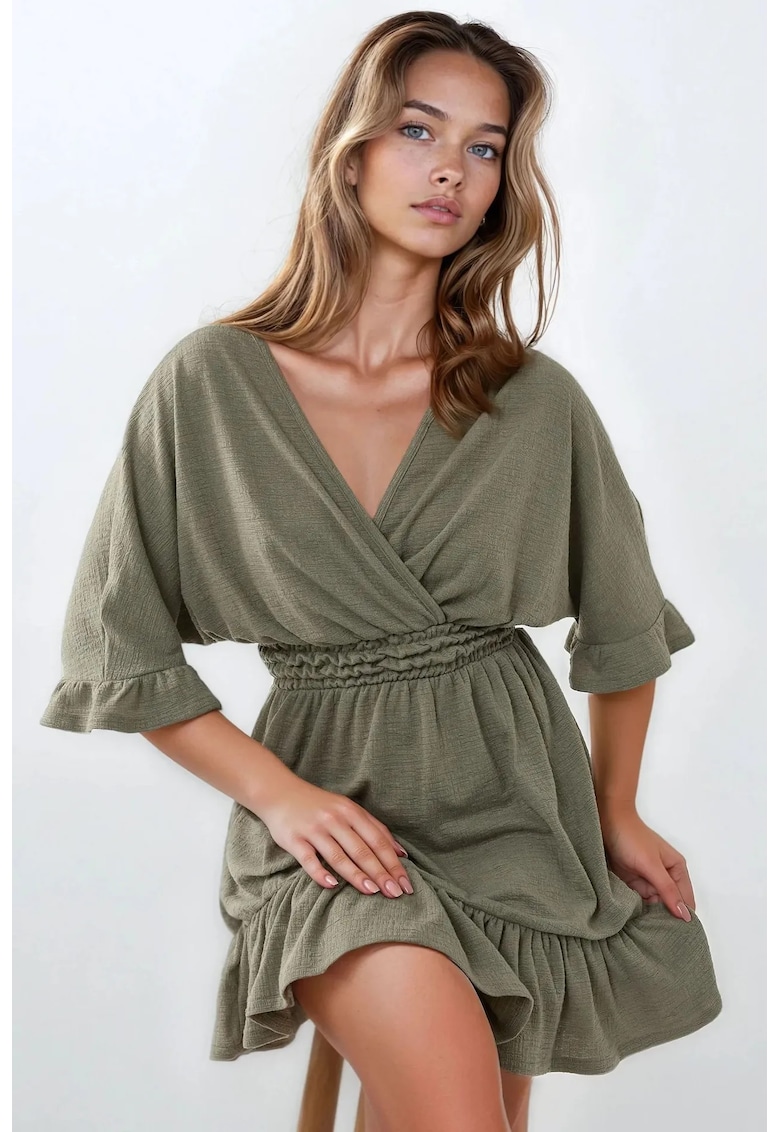Rochie mini -  texturata - decolteu in V - verde - jerseu