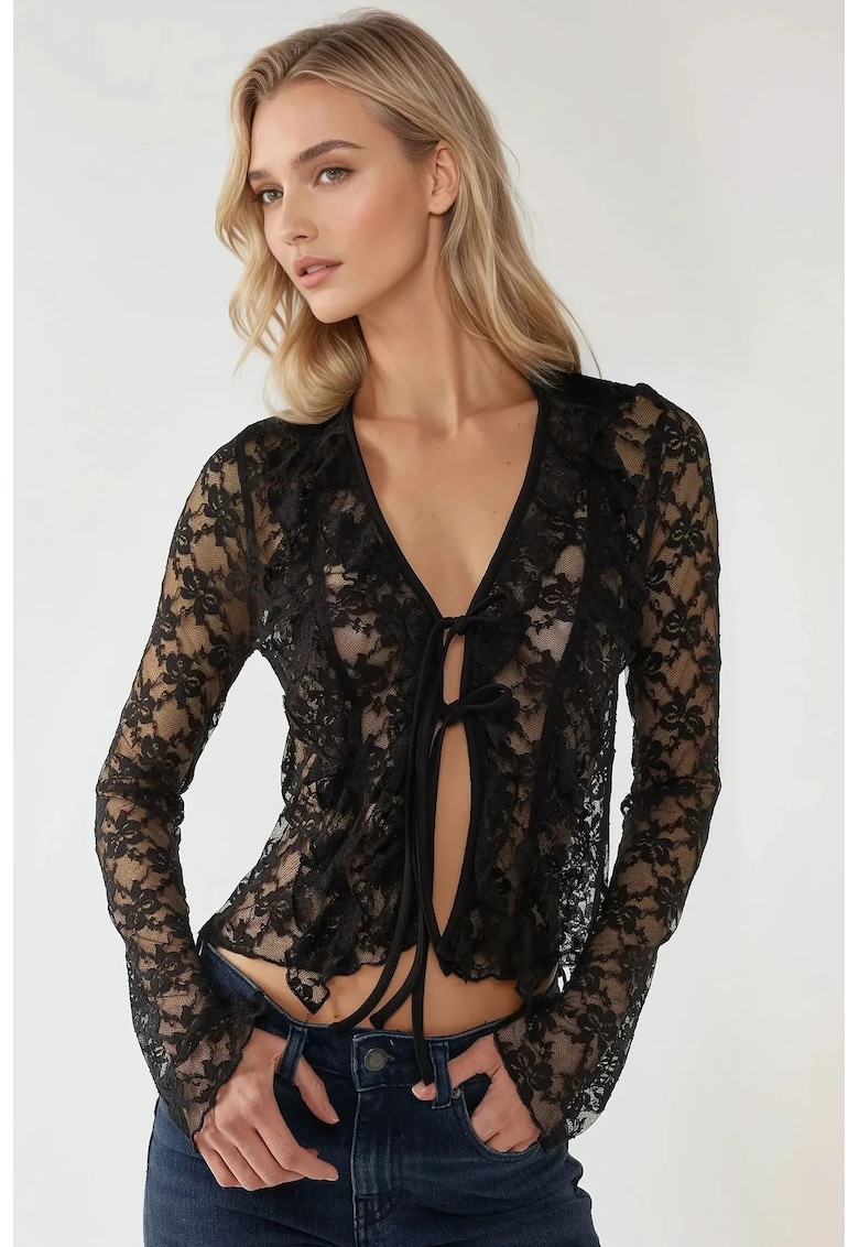 Bluza dama -  dantela - maneca lunga - decolteu in V - negru - jerseu