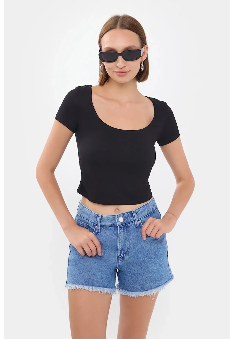 Top scurt dama -  decolteu rotund - negru - jerseu
