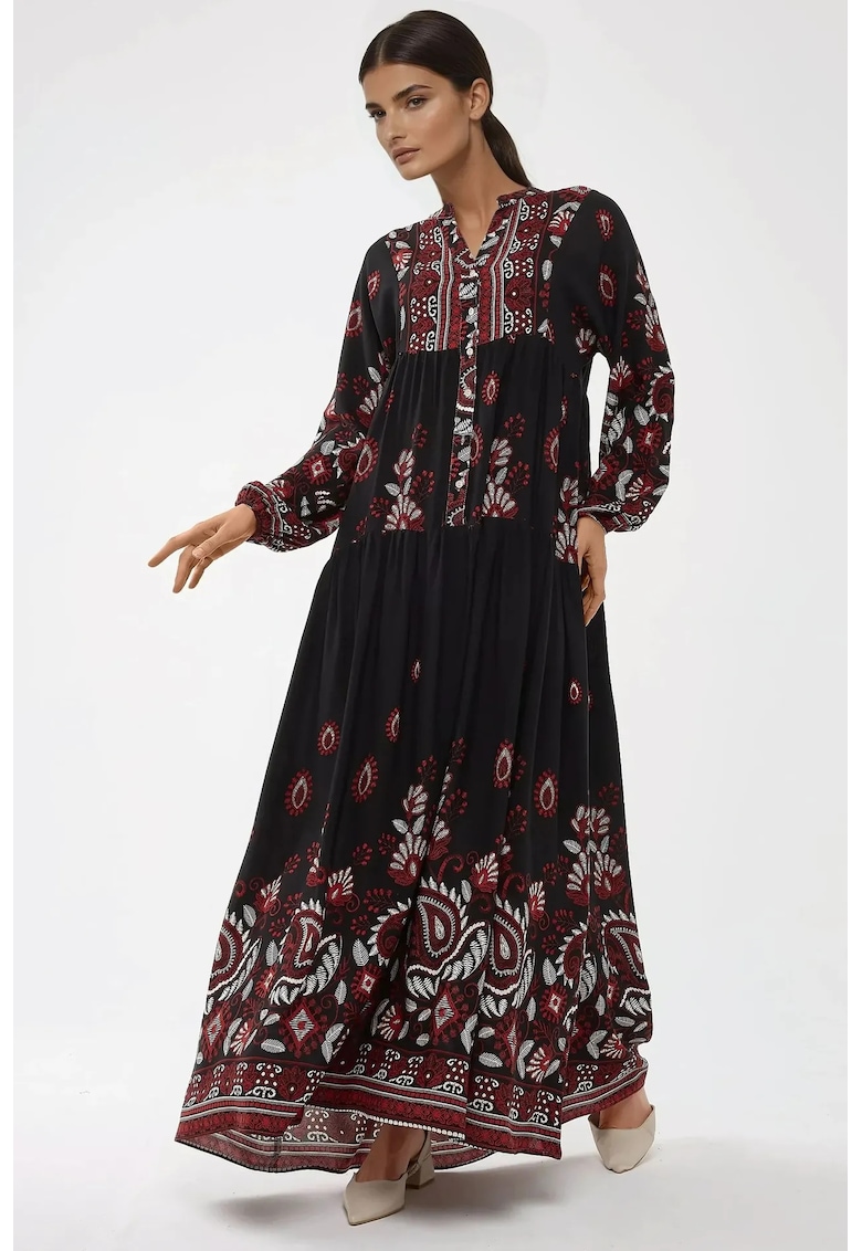 Rochie maxi -  maneca lunga - imprimeu - negru/rosu - viscoza