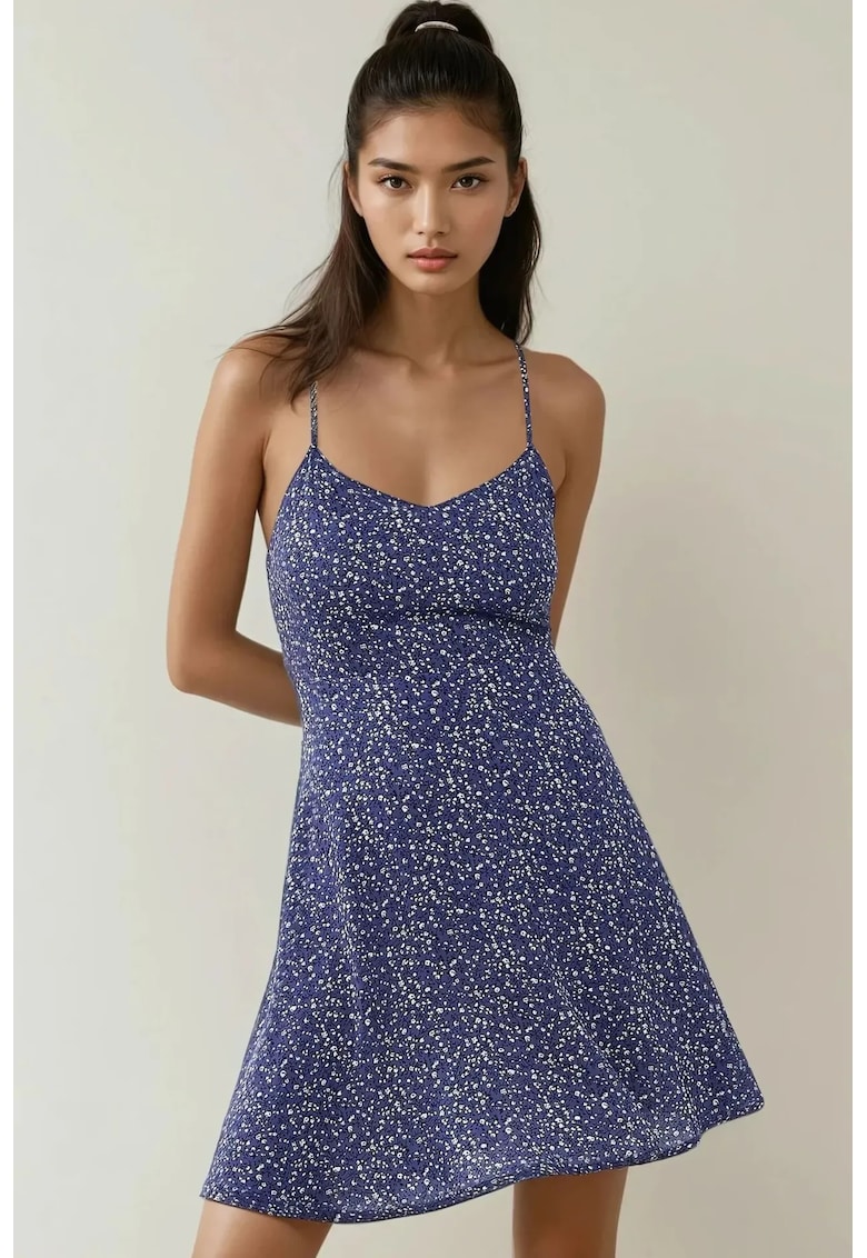 Rochie mini -  floral - decolteu in V - albastru - jerseu
