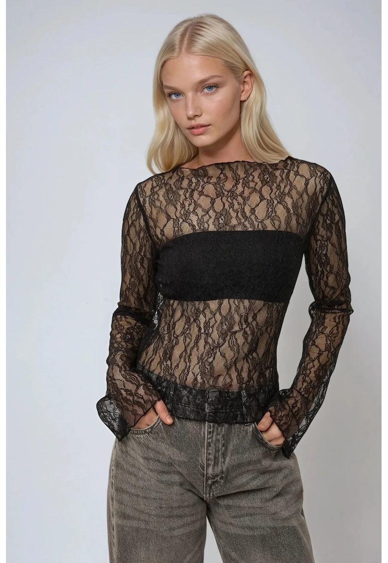 Bluza dama -  cu guler rotund - dantela - negru - bumbac