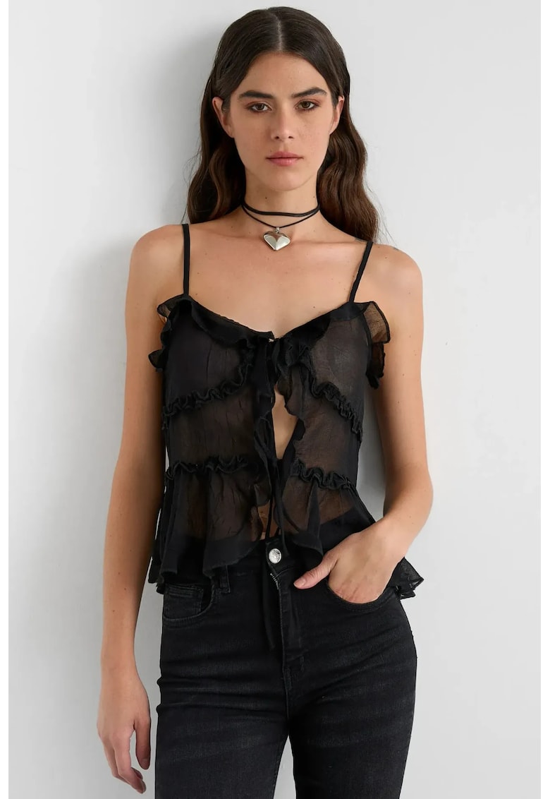 Bluza dama -  din tul cu volane - negru - poliester