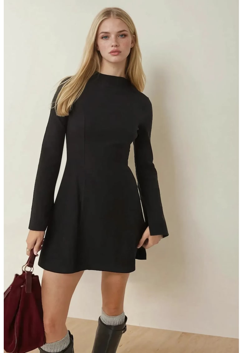Rochie mini evazata -  guler inalt - maneci lungi - negru - textil
