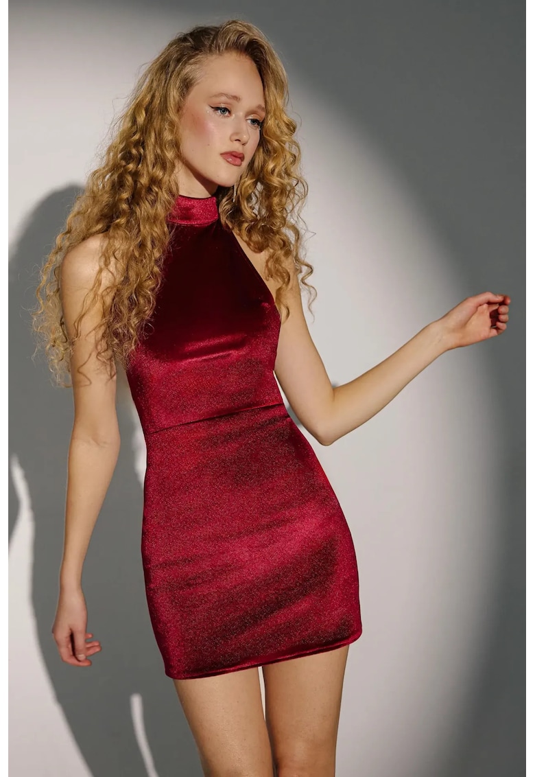Rochie mini mulata  catifea - guler halter - rosu - jerseu