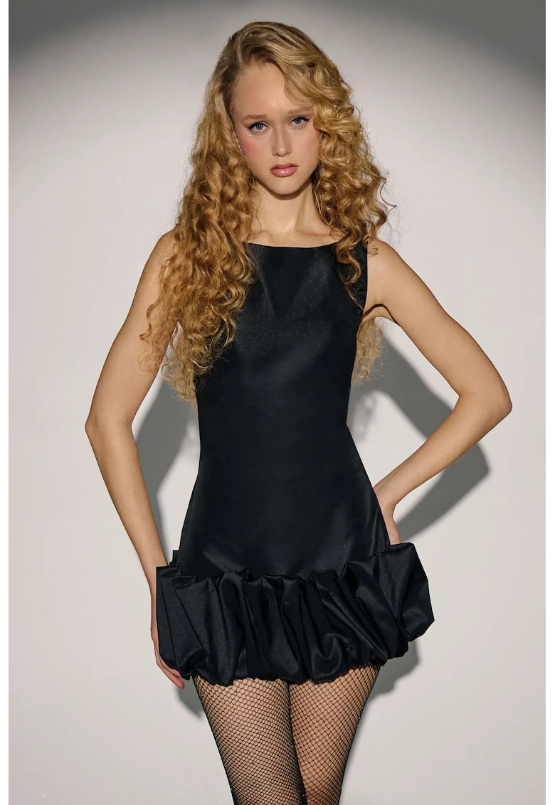 Rochie mini -  mulata cu spate deschis si volane - neagra - poliester tafta