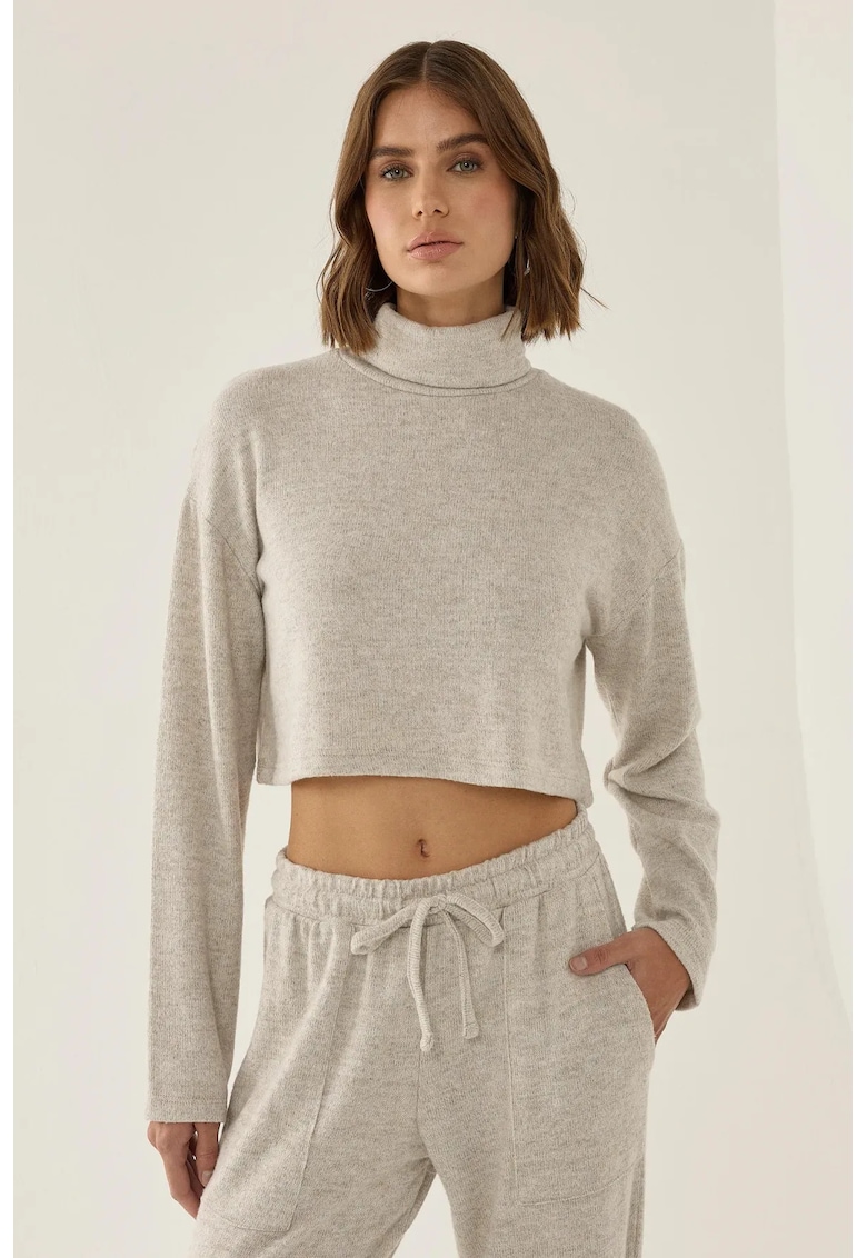 Pulover dama  texturat - guler inalt - scurt - natural - poliester