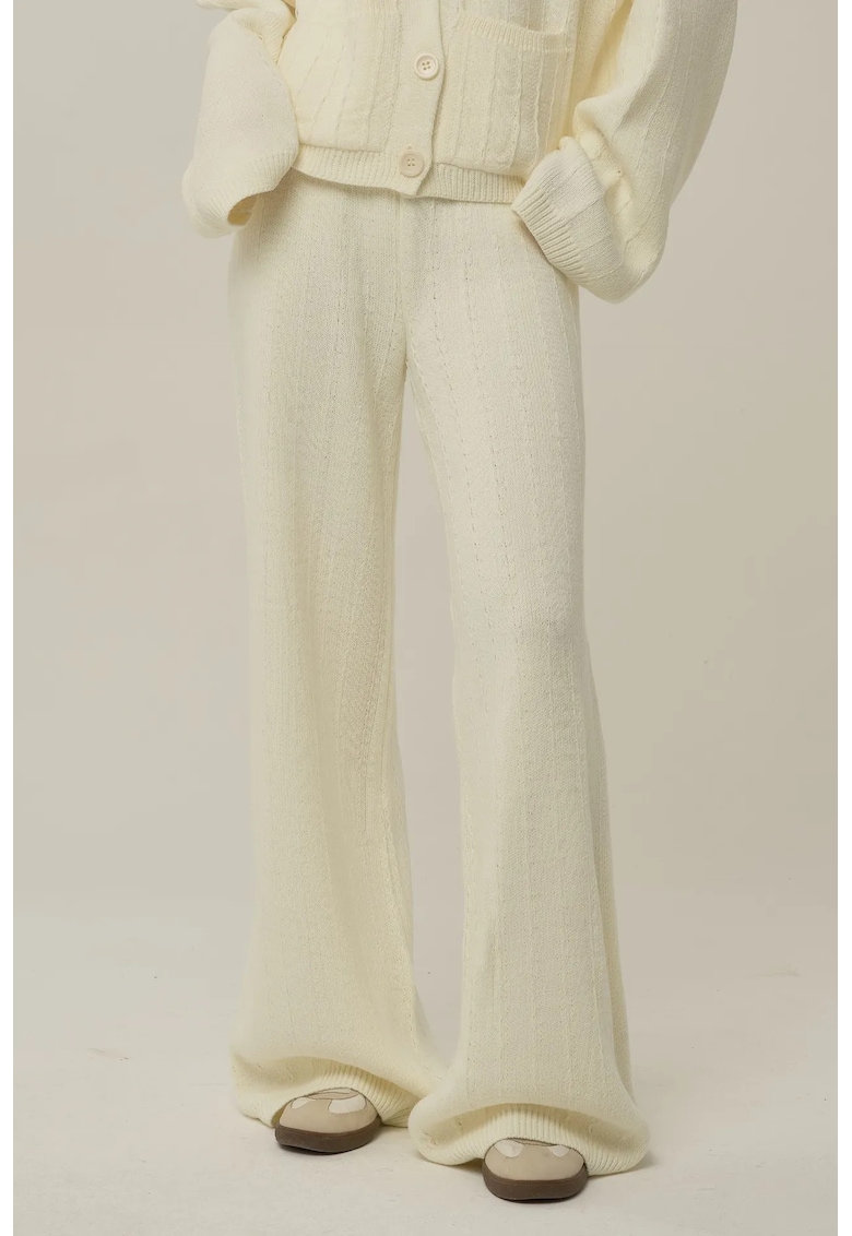 Pantaloni dama -  tricotati texturati - croi larg - culoare natur - acril