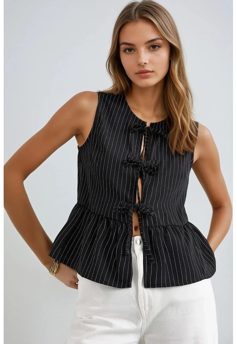 Bluza dama -  fara maneci - guler rotund - dungi - negru - poliester