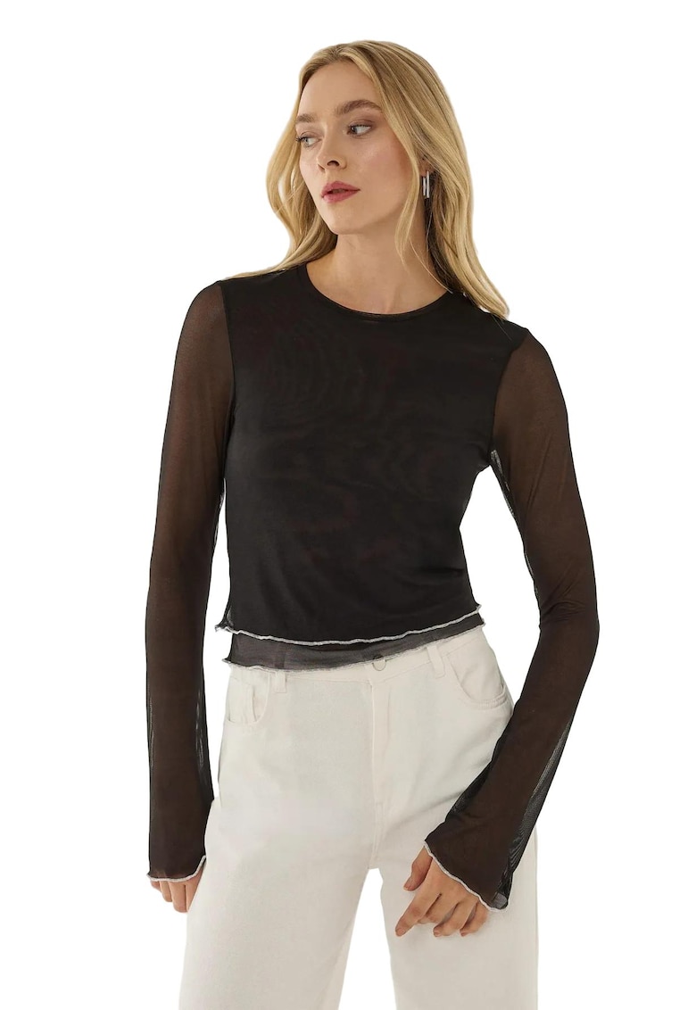 Bluza dama -  semitransparenta - guler rotund - negru - poliester