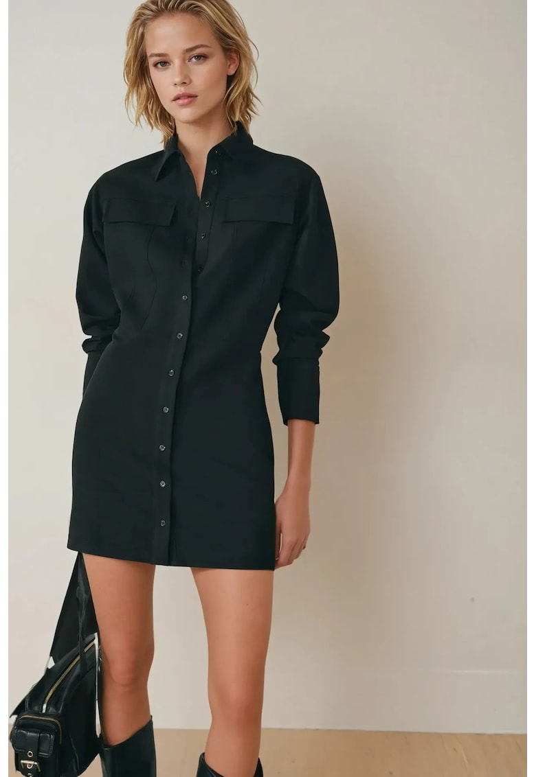 Rochie mini -  cu guler camasa - negru - textil