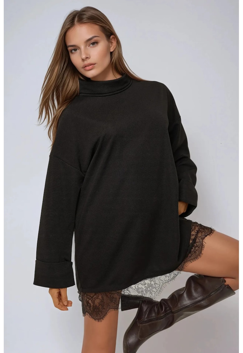 Rochie mini -  guler inalt - detalii din dantela - negru - jerseu