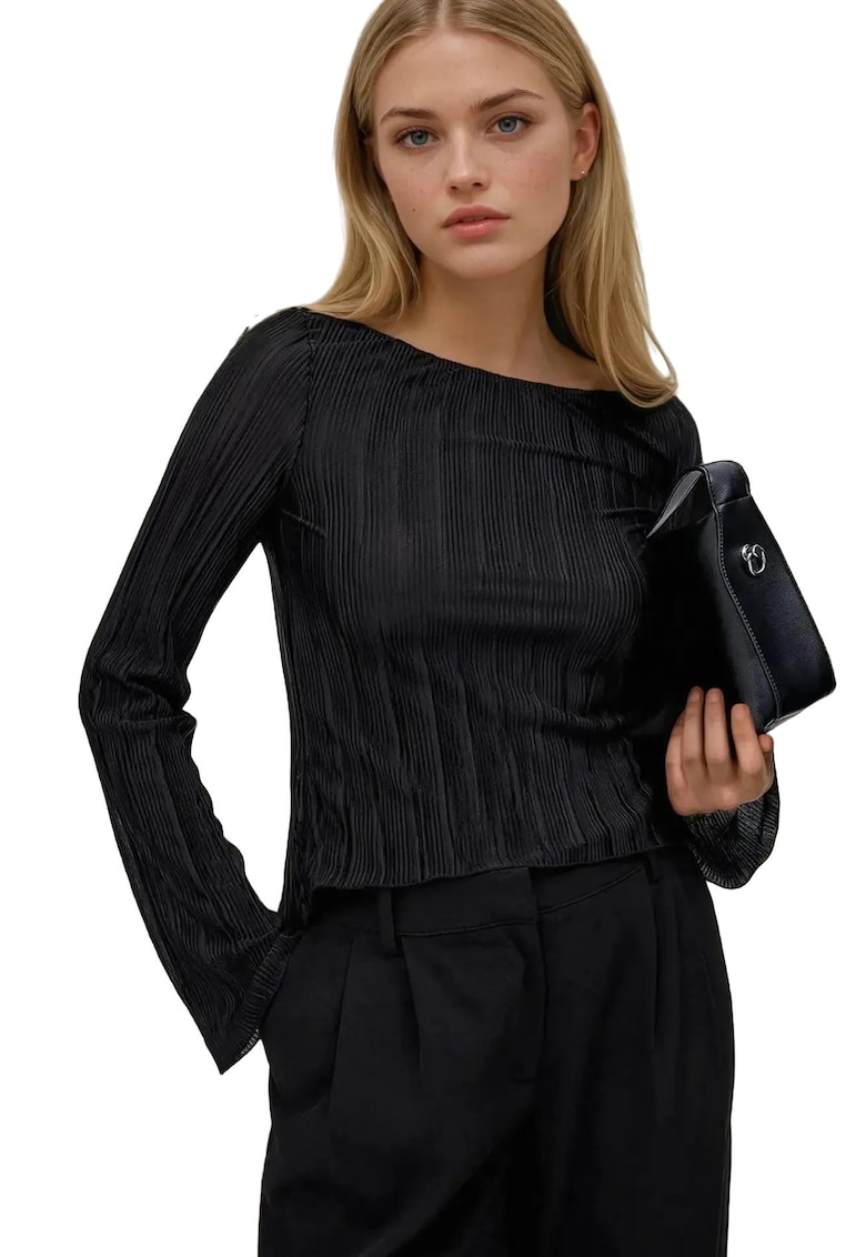 Bluza dama -  cu decolteu tip barcuta - maneci lungi - negru - poliester