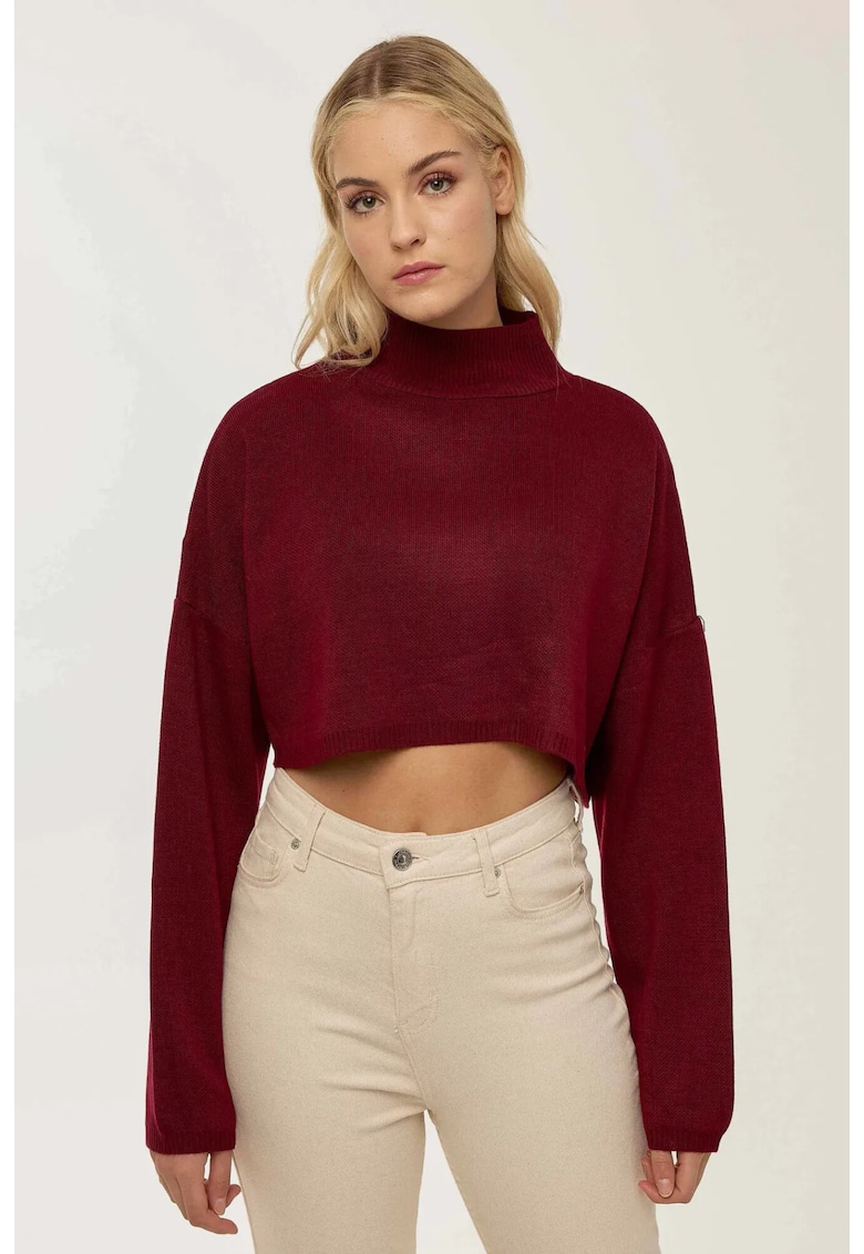 Pulover dama -  scurt cu guler inalt - dungi - rosu - tricot