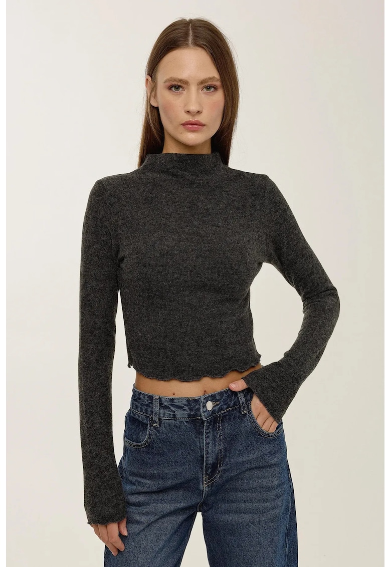 Bluza dama -  texturata - guler inalt - gri - acril