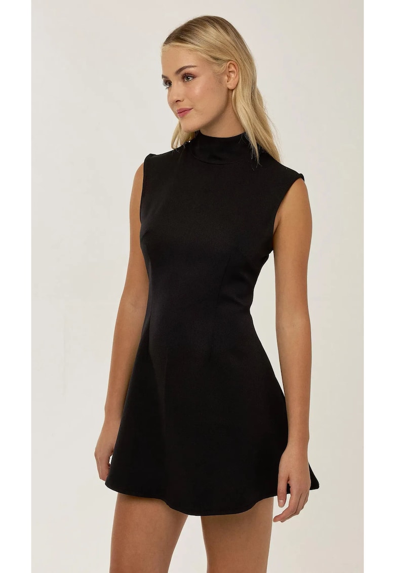 Rochie mini -  decolteu inalt - neagra - textil