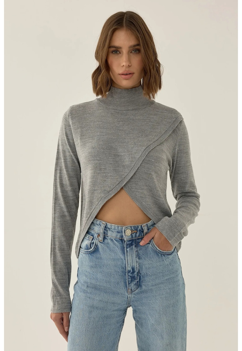 Pulover dama  asimetric - guler inalt - gri - tricot