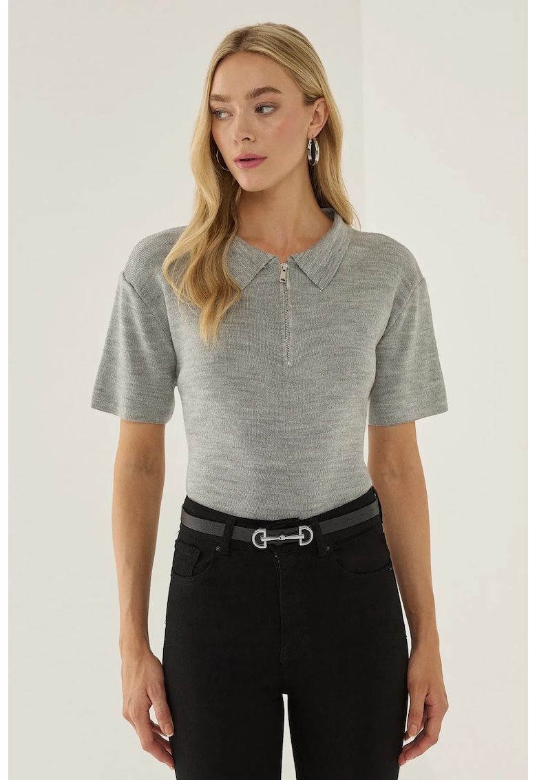 Pulover dama  guler polo - fermoar - gri - acril