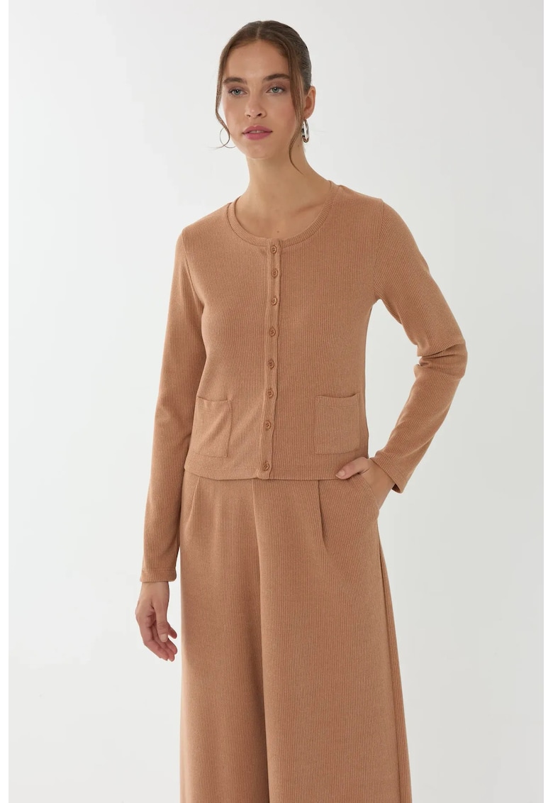 Cardigan tricotat cu nasturi -  maro - poliester-elastan