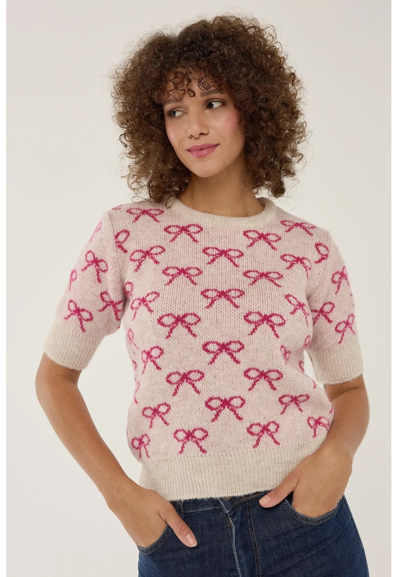 Pulover dama -  cu maneca scurta - model cu funde - roz - acril