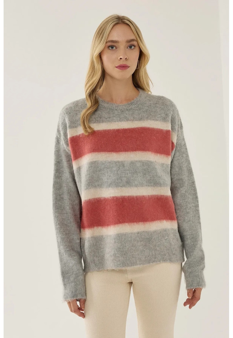Pulover dama -  Relaxed Fit - dungi colorate - gri - acril