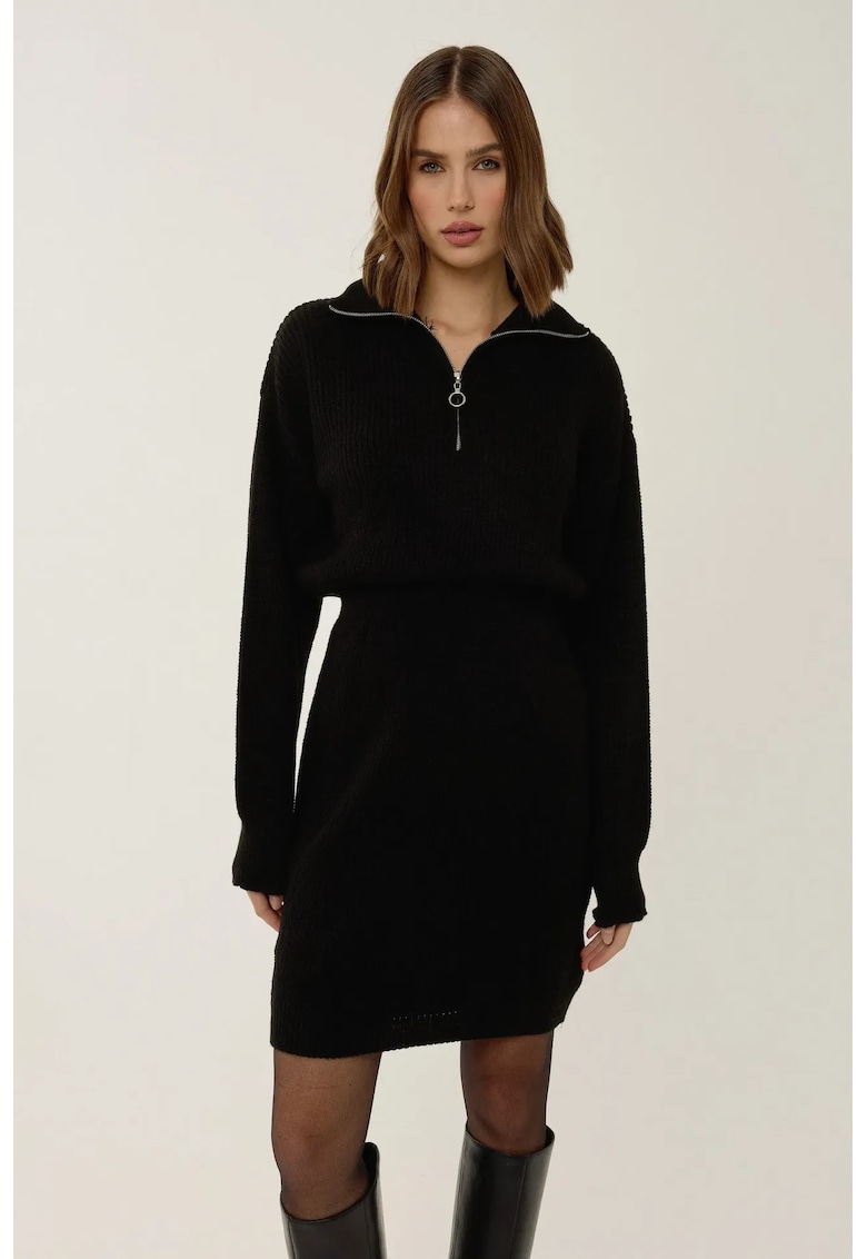 Rochie mini tricotata  guler cu fermoar - talie inalta - neagra - jerseu