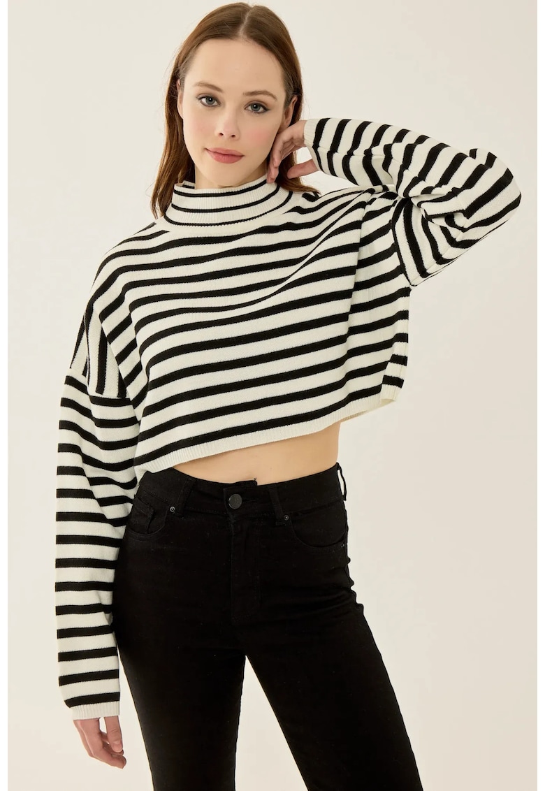 Pulover dama -  scurt cu guler inalt - dungi - negru - acril